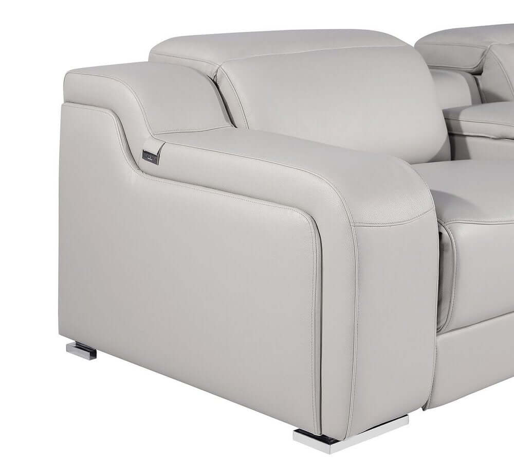 Light Gray Italian Leather Power Reclining U Shaped Eight Piece Corner Sectional With Console armrest and console detail
