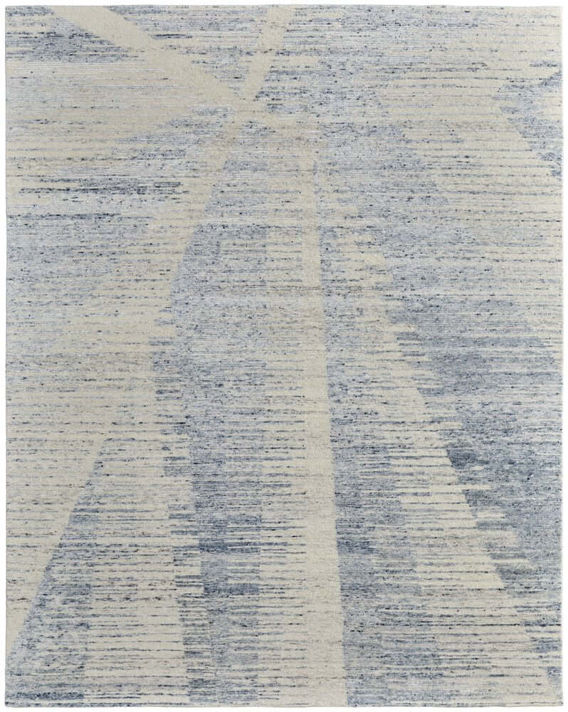 Ivory Blue And Silver Abstract Hand Knotted Distressed Area Rug | 9' x 13' showcasing modern design and muted colors.