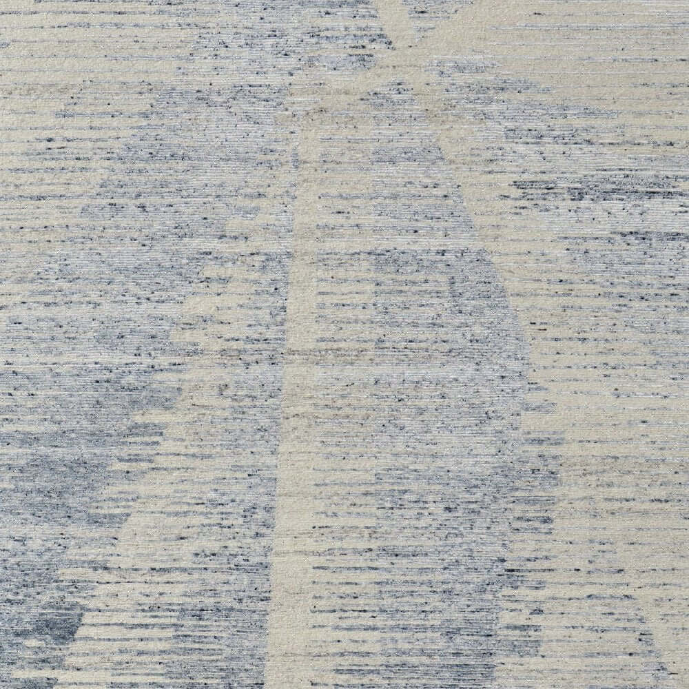 Ivory Blue And Silver Abstract Hand Knotted Distressed Area Rug | 9' x 13' in a modern abstract design.