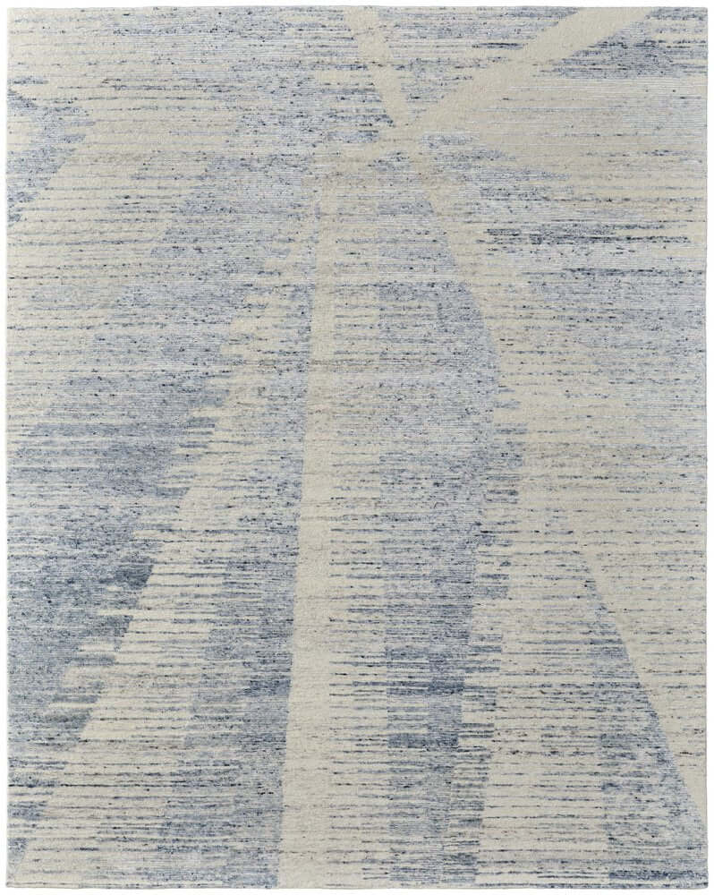 Ivory Blue And Silver Abstract Hand Knotted Distressed Area Rug | 9' x 13' showcasing a contemporary blue and ivory design.