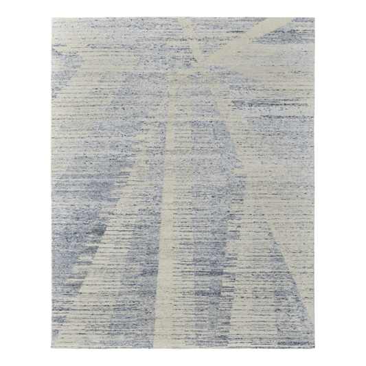 Ivory Blue And Silver Abstract Hand Knotted Distressed Area Rug | 9' x 13' with a contemporary blue and silver design.