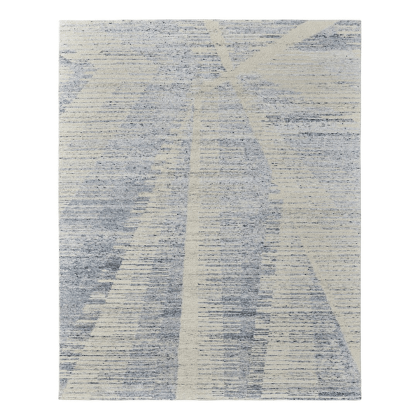 Ivory Blue And Silver Abstract Hand Knotted Distressed Area Rug | 9' x 13' with a contemporary blue and silver design.