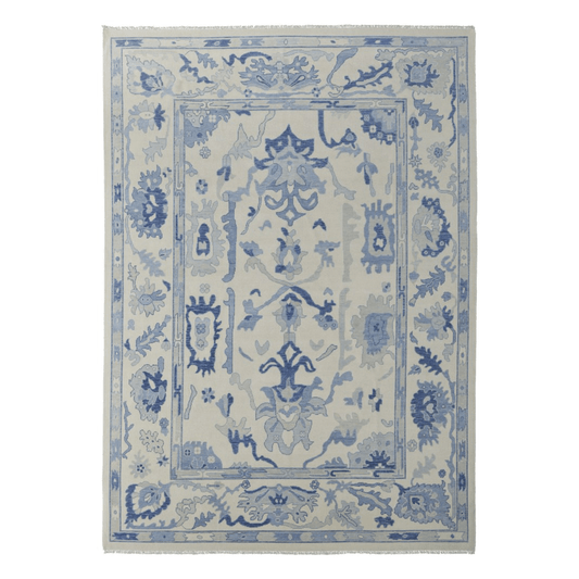 Ivory and Blue Wool Floral Hand Knotted Area Rug With Fringe Area Rug | 9' x 13'