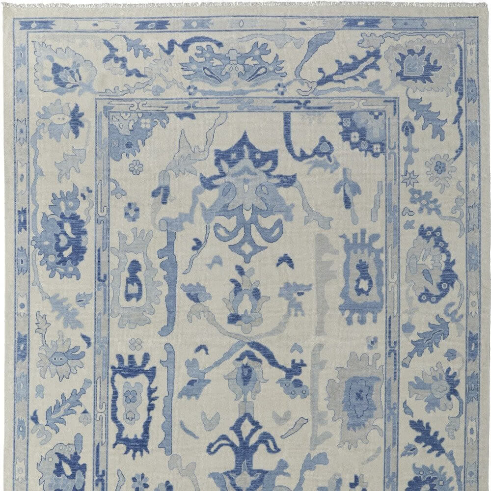 Ivory and Blue Wool Floral Hand Knotted Area Rug With Fringe Area Rug | 9' x 13' featuring soft patterns and rich detail.