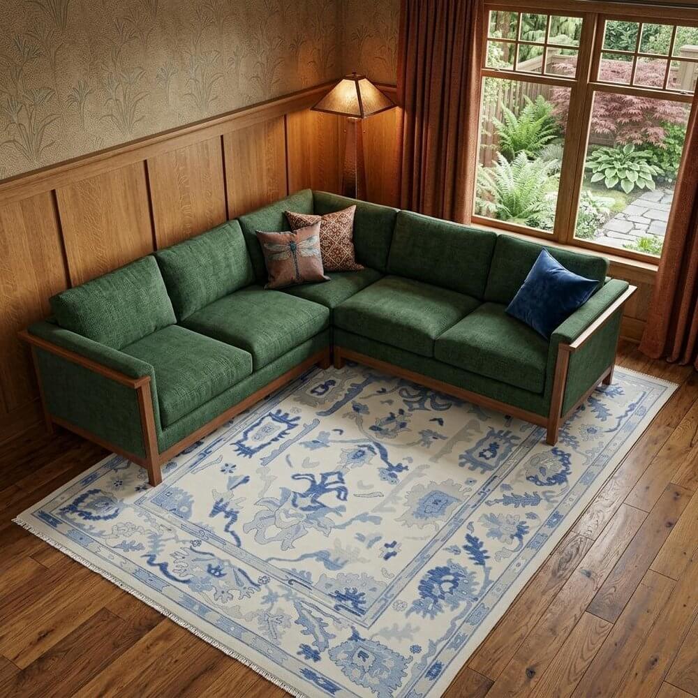 Ivory and Blue Wool Floral Hand Knotted Area Rug With Fringe Area Rug | 9' x 13' under a green sectional sofa in a cozy room.