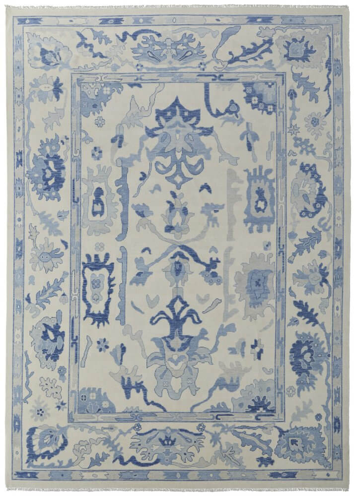 Ivory and Blue Wool Floral Hand Knotted Area Rug With Fringe Area Rug | 9' x 13' showcasing intricate floral patterns.