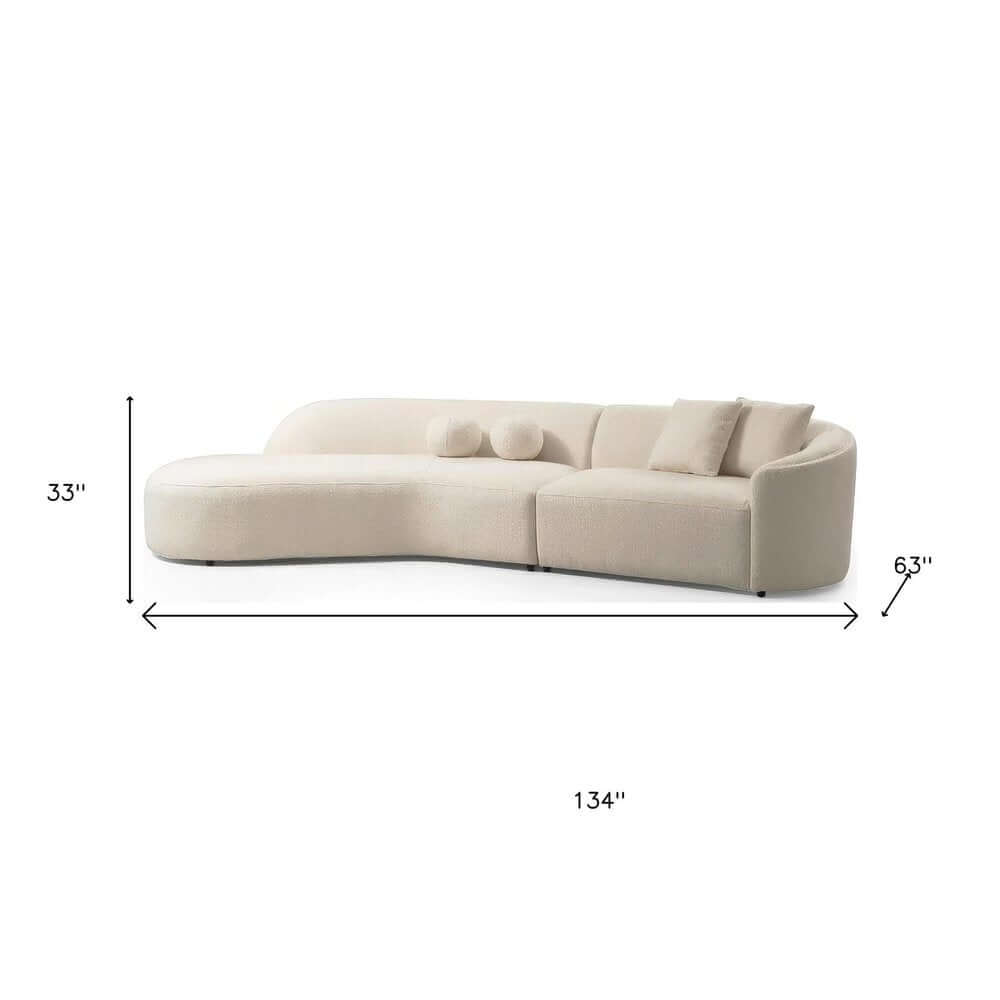 Ivory Boucle Curved Modular Sectional Sofa with Chaise & Toss Pillows | Modern 2-Piece Sectional dimensions and design view