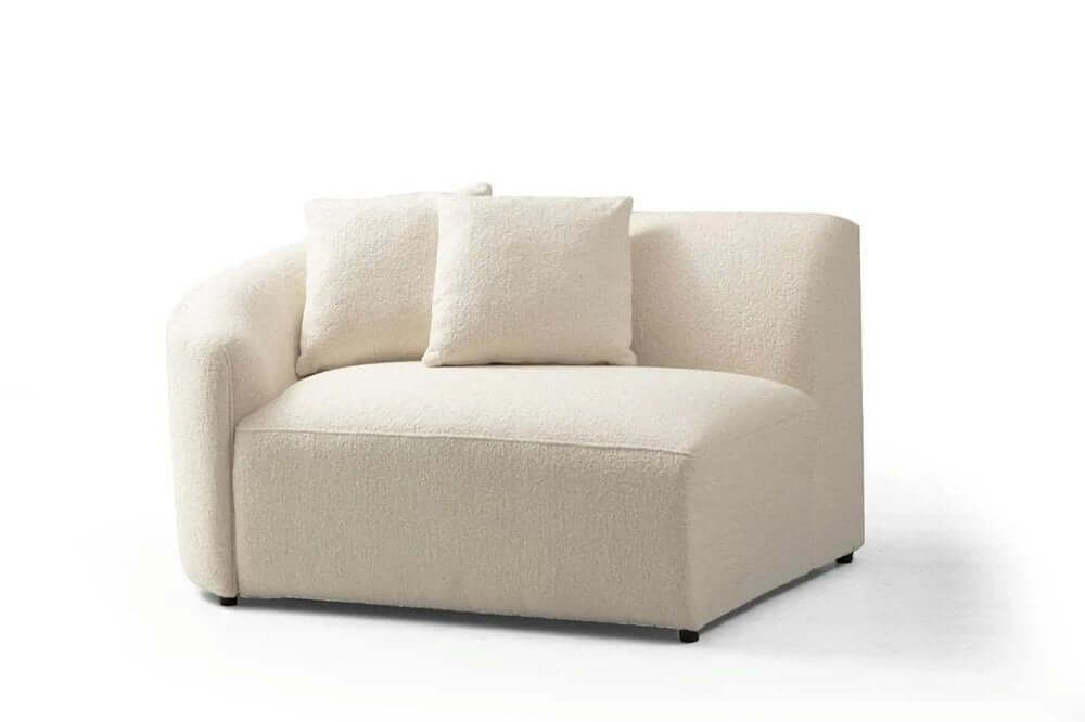 Ivory Boucle Curved Modular Sectional Sofa with Chaise & Toss Pillows | Modern 2-Piece Sectional in cozy ivory boucle fabric.