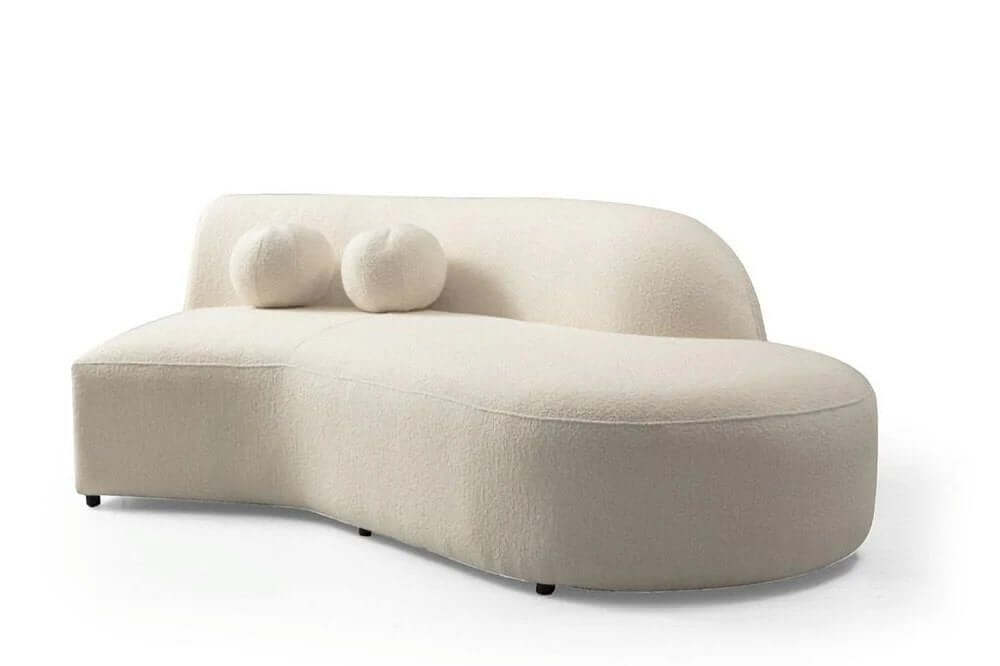 Ivory Boucle Curved Modular Sectional Sofa with Chaise & Toss Pillows | Modern 2-Piece Sectional in soft boucle fabric.