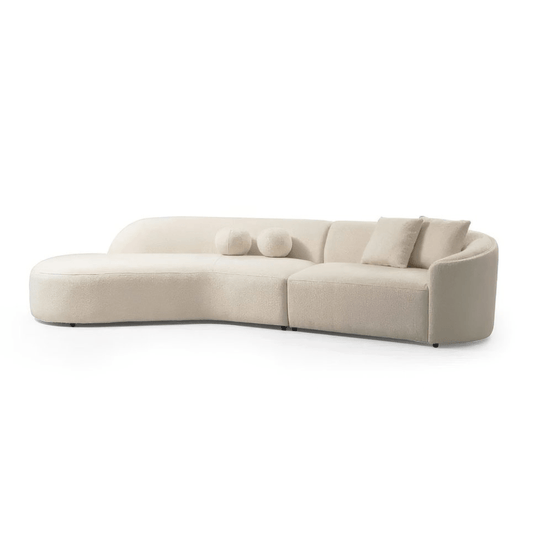 Ivory Boucle Curved Modular Sectional Sofa with Chaise & Toss Pillows | Modern 2-Piece Sectional in cozy, plush texture.