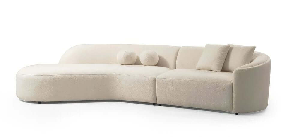 Ivory Boucle Curved Modular Sectional Sofa with Chaise & Toss Pillows | Modern 2-Piece Sectional