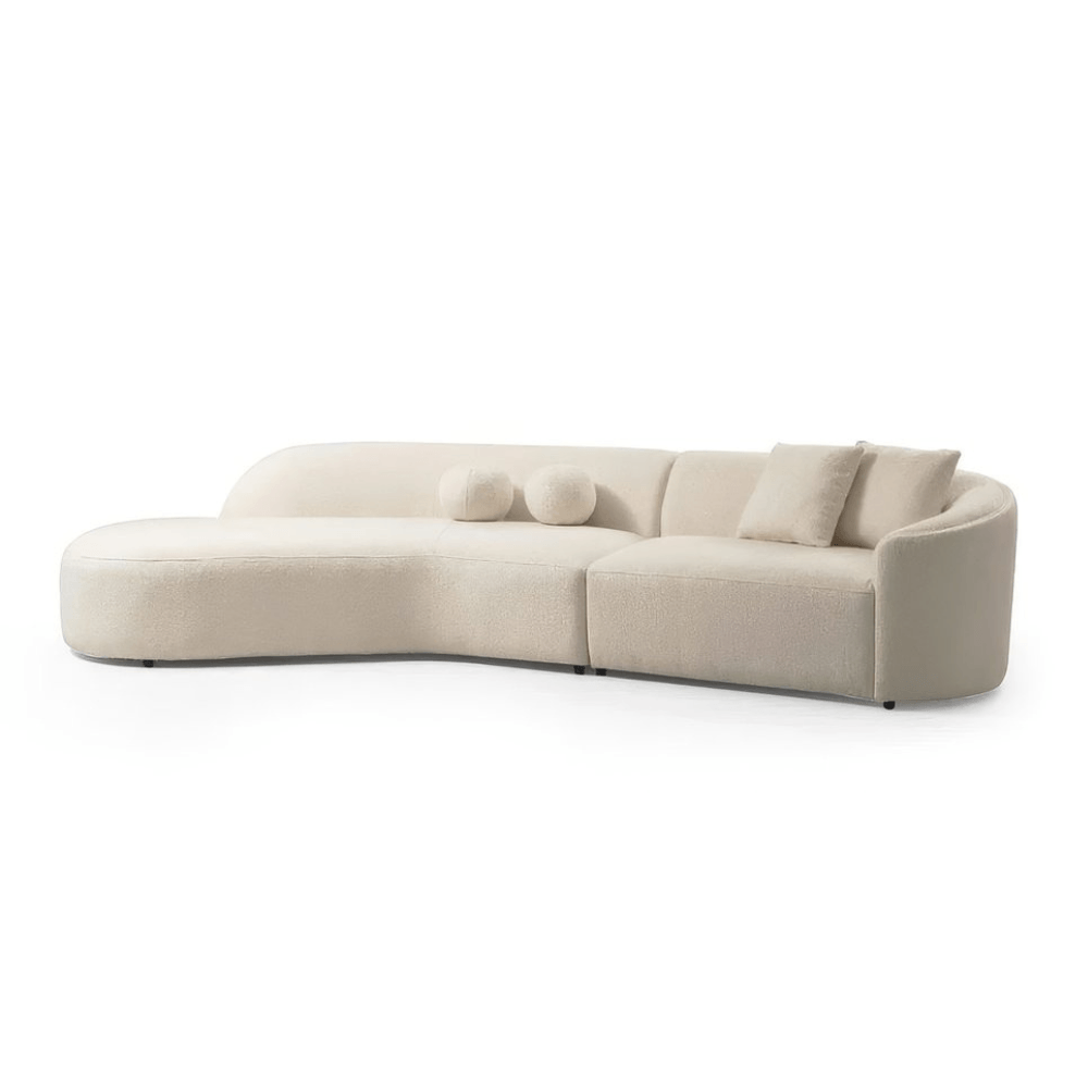 Ivory Boucle Curved Modular Sectional Sofa with Chaise & Toss Pillows | Modern 2-Piece Sectional in cozy, plush texture.