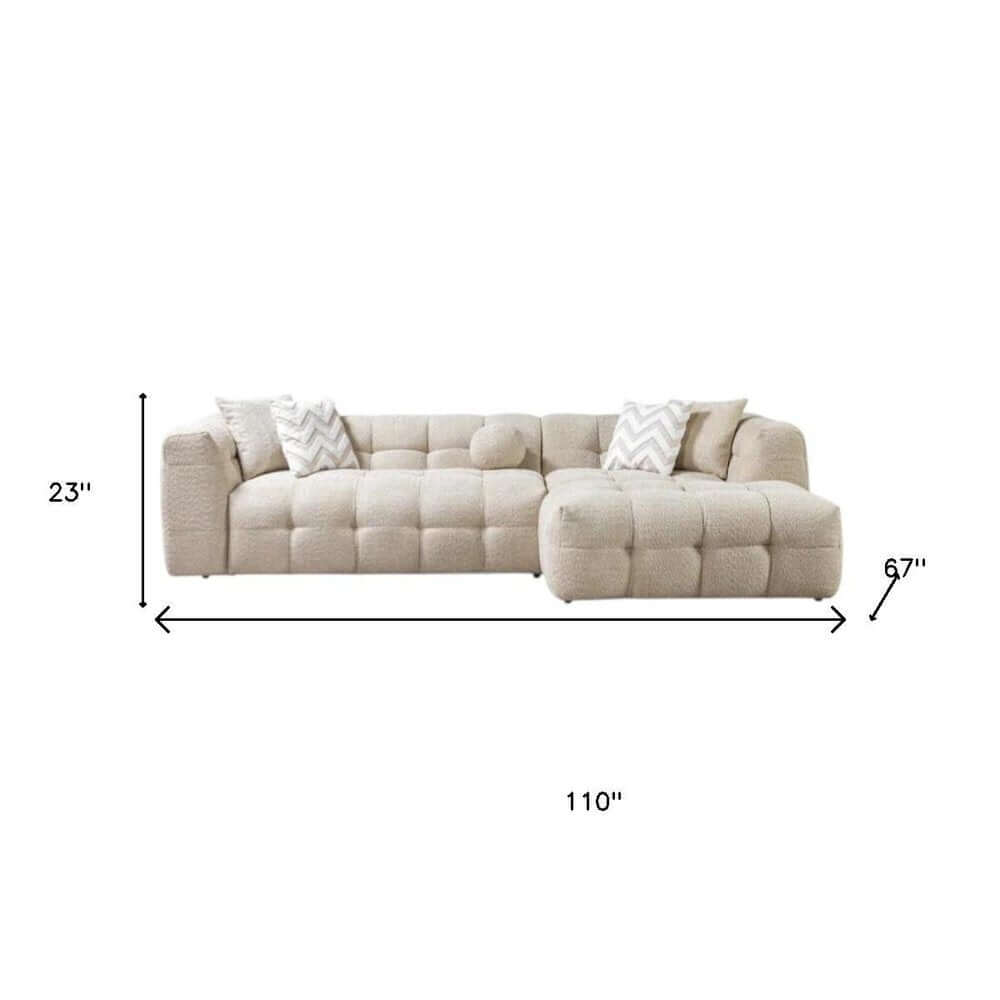 Ivory Boucle L Shaped Two Piece Sofa and Chaise Sectional With Toss Pillows dimensions 110" x 67" x 23"