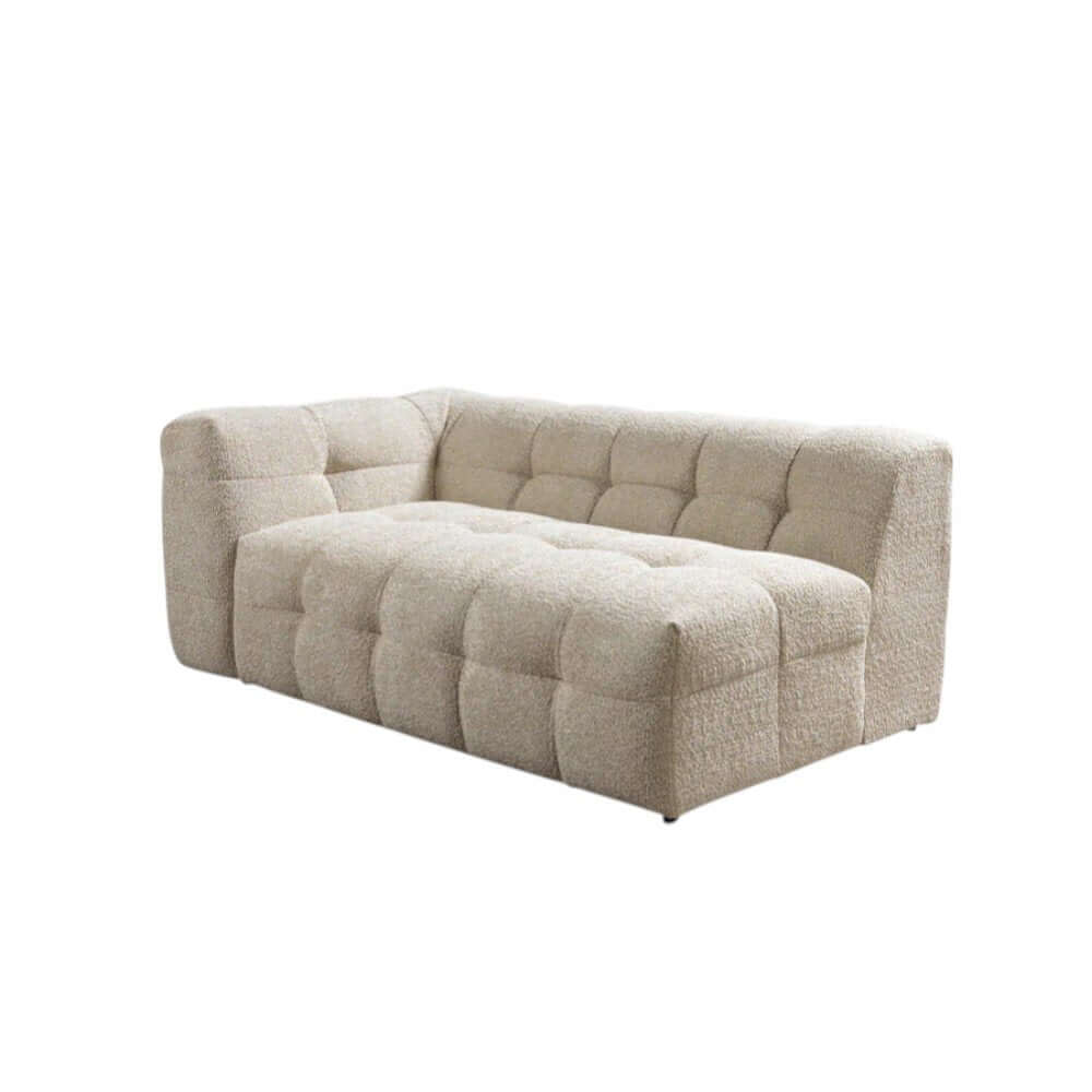 Ivory Boucle L Shaped Two Piece Sofa and Chaise Sectional With Toss Pillows in a cozy design.