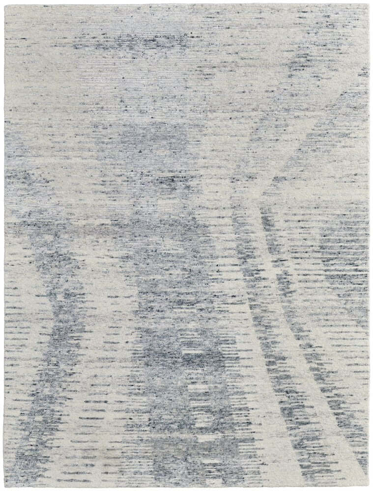 Ivory Gray and Blue Abstract Hand Knotted Worn Faded Area Rug | 9' x 13' with contemporary abstract design in blue and gray.
