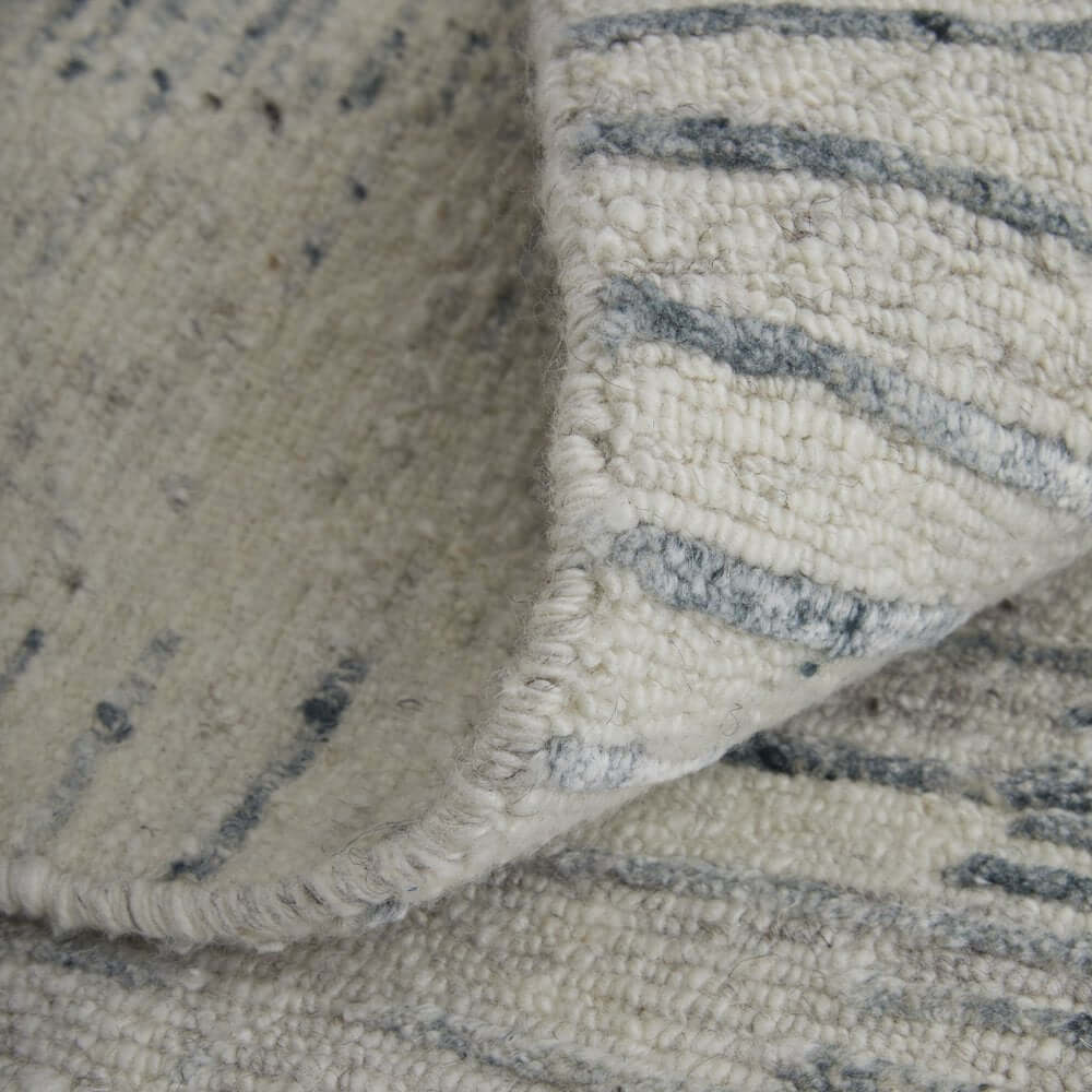 Ivory Gray and Blue Abstract Hand Knotted Worn Faded Area Rug | 9' x 13' showing intricate texture and color details.