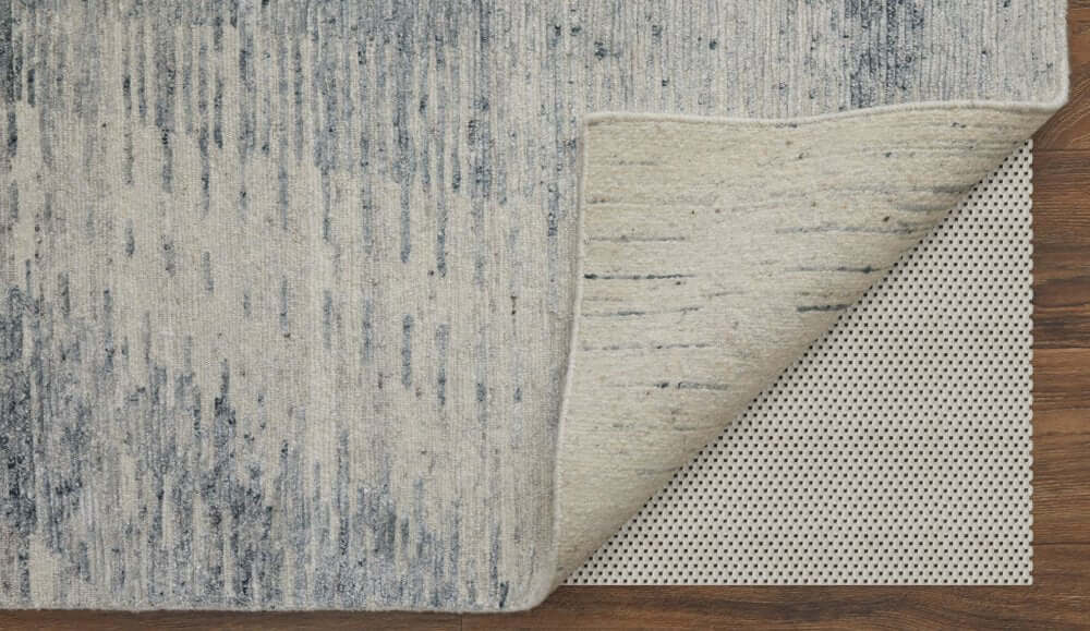 Ivory Gray and Blue Abstract Hand Knotted Worn Faded Area Rug | 9' x 13' showing the texture and backing.