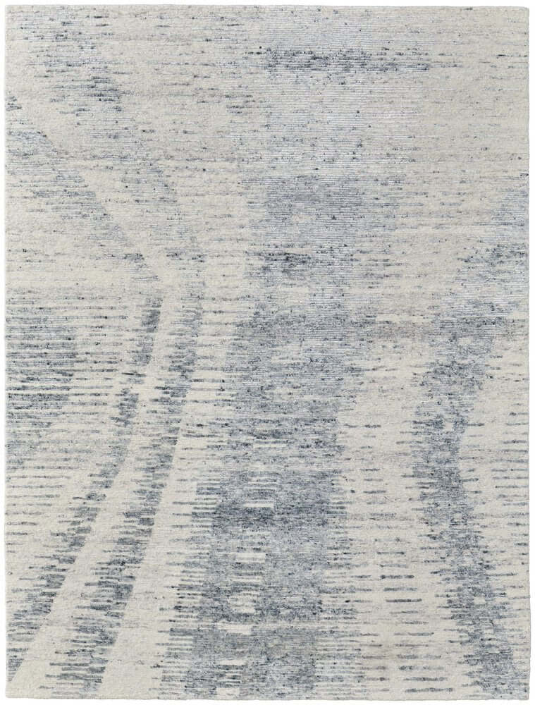 Ivory Gray and Blue Abstract Hand Knotted Worn Faded Area Rug | 9' x 13' with a distressed finish