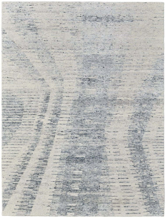 Ivory Gray and Blue Abstract Hand Knotted Worn Faded Area Rug | 9' x 13' with a distressed finish