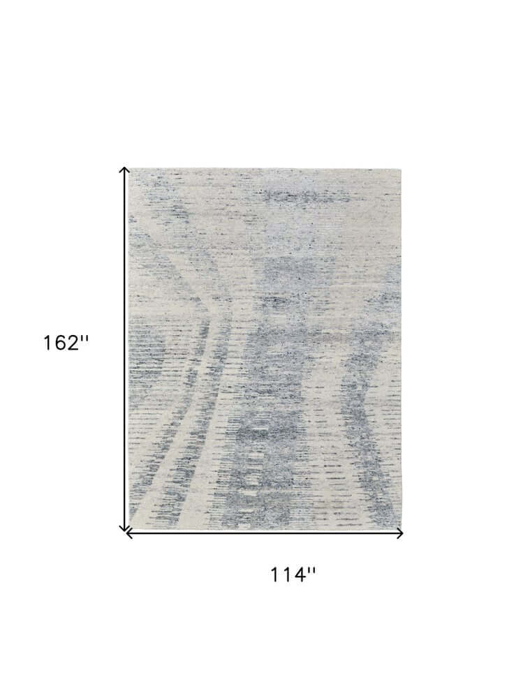 Ivory Gray and Blue Abstract Hand Knotted Worn Faded Area Rug | 9' x 13' displayed with dimensions.