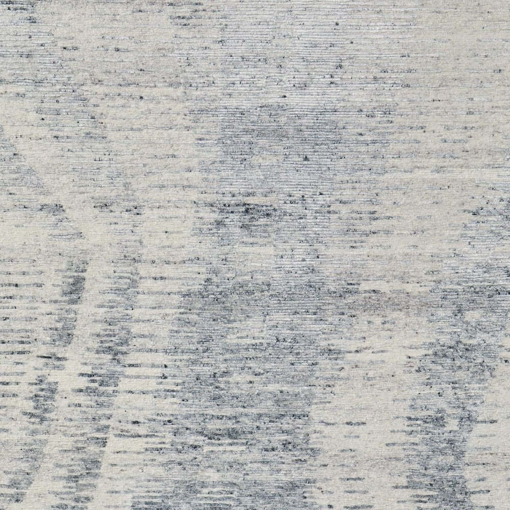 Ivory Gray and Blue Abstract Hand Knotted Worn Faded Area Rug | 9' x 13' close-up view of the textured surface.