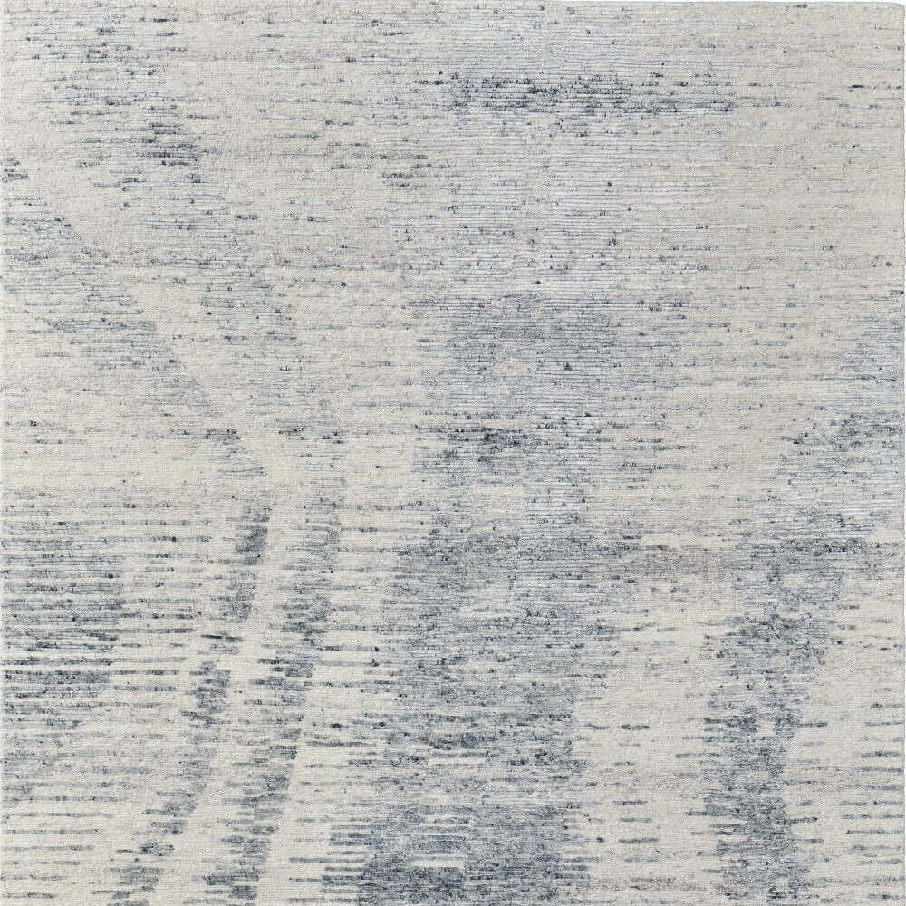 Ivory Gray and Blue Abstract Hand Knotted Worn Faded Area Rug | 9' x 13' showcasing a contemporary design in blue and gray.