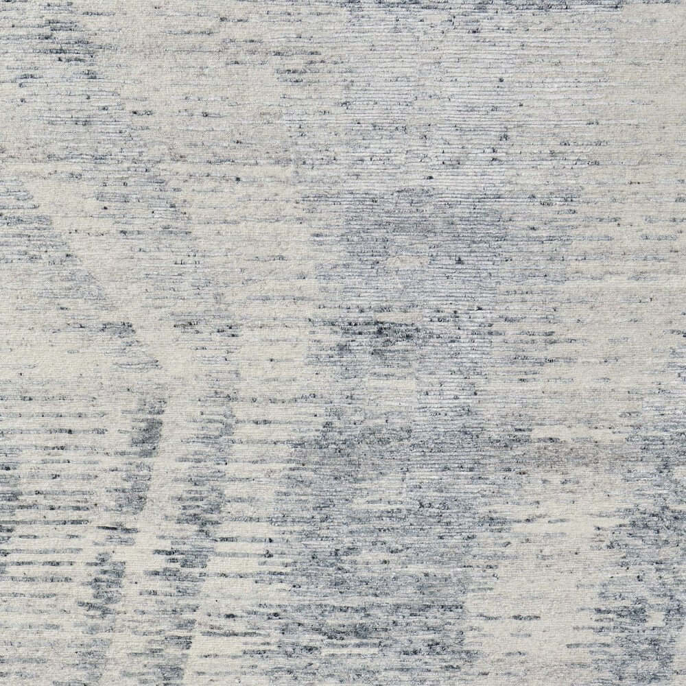 Ivory Gray and Blue Abstract Hand Knotted Worn Faded Area Rug | 9' x 13' with a contemporary blue and gray design.
