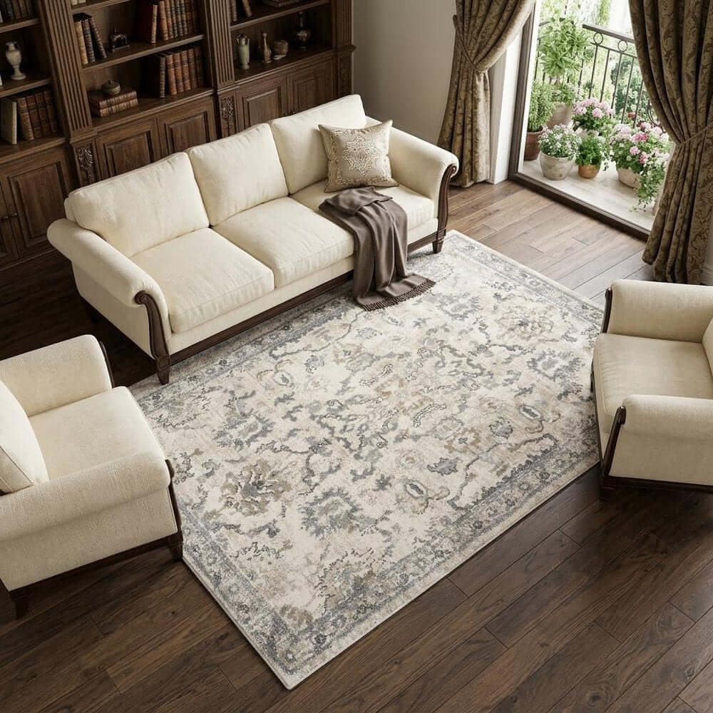 Ivory And Gray Floral Medallion Distressed Area Rug | 9' x 13'. Elegant rug in a cozy living room setting.