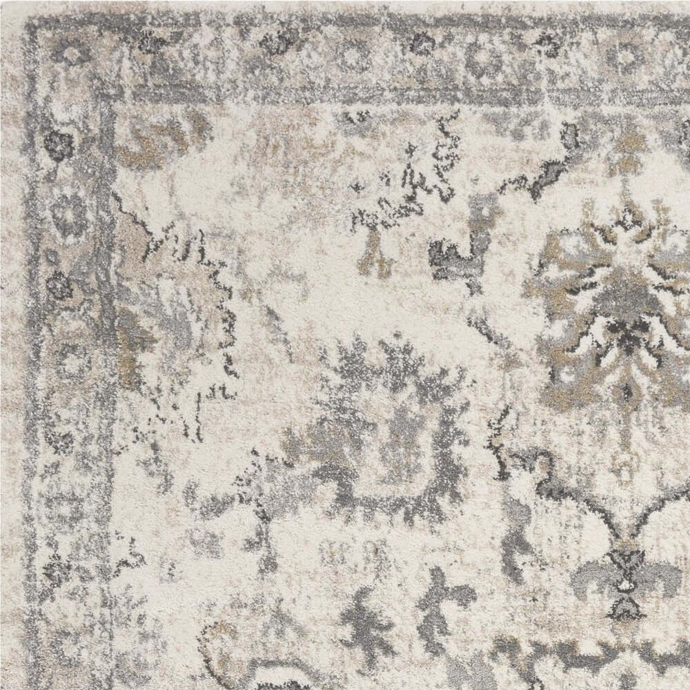 Ivory And Gray Floral Medallion Distressed Area Rug | 9' x 13' close-up view of soft, elegant design and rich details.