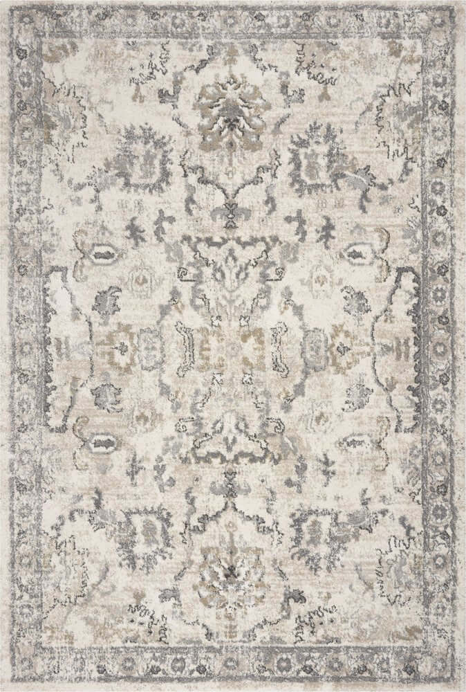 Ivory And Gray Floral Medallion Distressed Area Rug | 9' x 13' with rich detail and distressed finish.