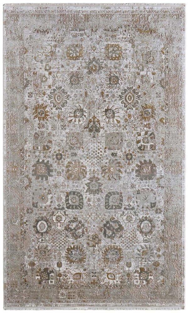 Ivory Gray And Gold Floral Area Rug With Fringe Area Rug | 9' x 13' showcasing a soft pattern and rich detail.
