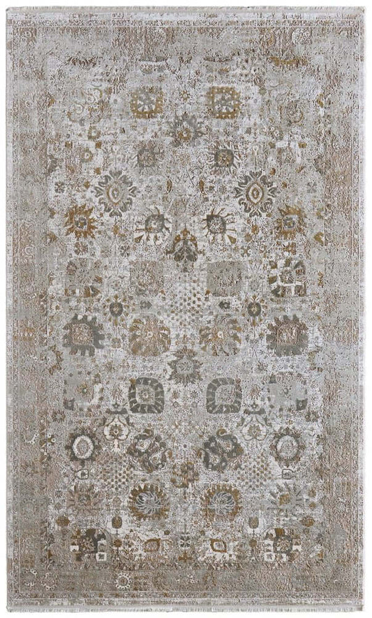 Ivory Gray And Gold Floral Area Rug With Fringe Area Rug | 9' x 13' showcasing a soft pattern and rich detail.