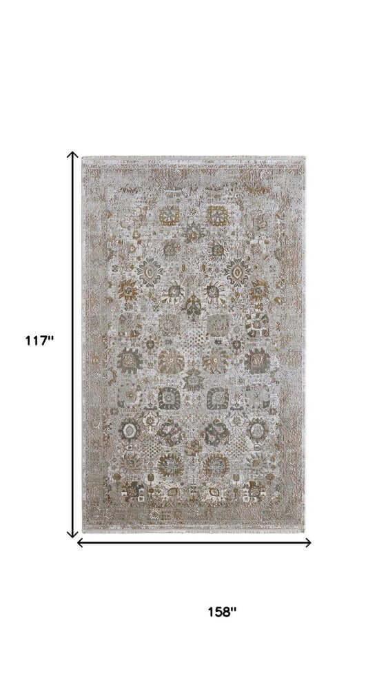 Ivory Gray And Gold Floral Area Rug With Fringe Area Rug | 9' x 13', dimensions 117" x 158", floral design, soft pattern.