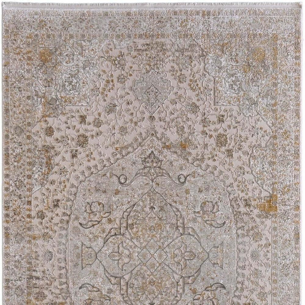 Ivory Gray And Gold Oriental Area Rug With Fringe Area Rug | 9' x 13' featuring classic pattern and rich texture.