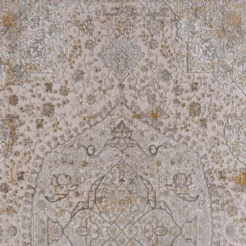 Ivory Gray And Gold Oriental Area Rug With Fringe Area Rug | 9' x 13' classic pattern showcasing gray, ivory, and gold textures.