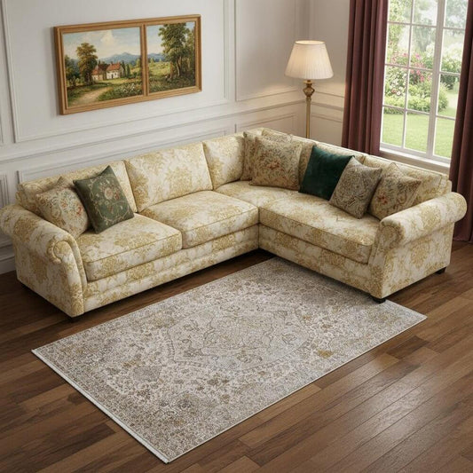 Ivory Gray And Gold Oriental Area Rug With Fringe Area Rug | 9' x 13' displayed in a cozy living room setting.