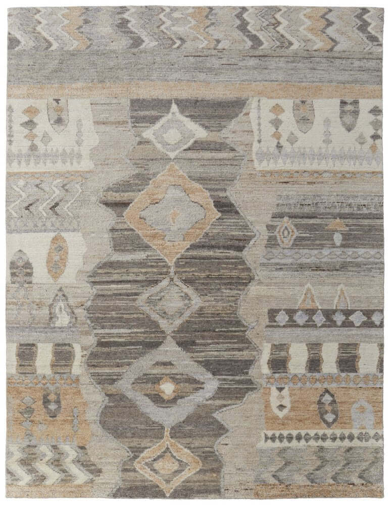 Ivory Gray and Orange Wool Moroccan Hand Knotted Area Rug | 9' x 13' featuring a global pattern and warm texture.