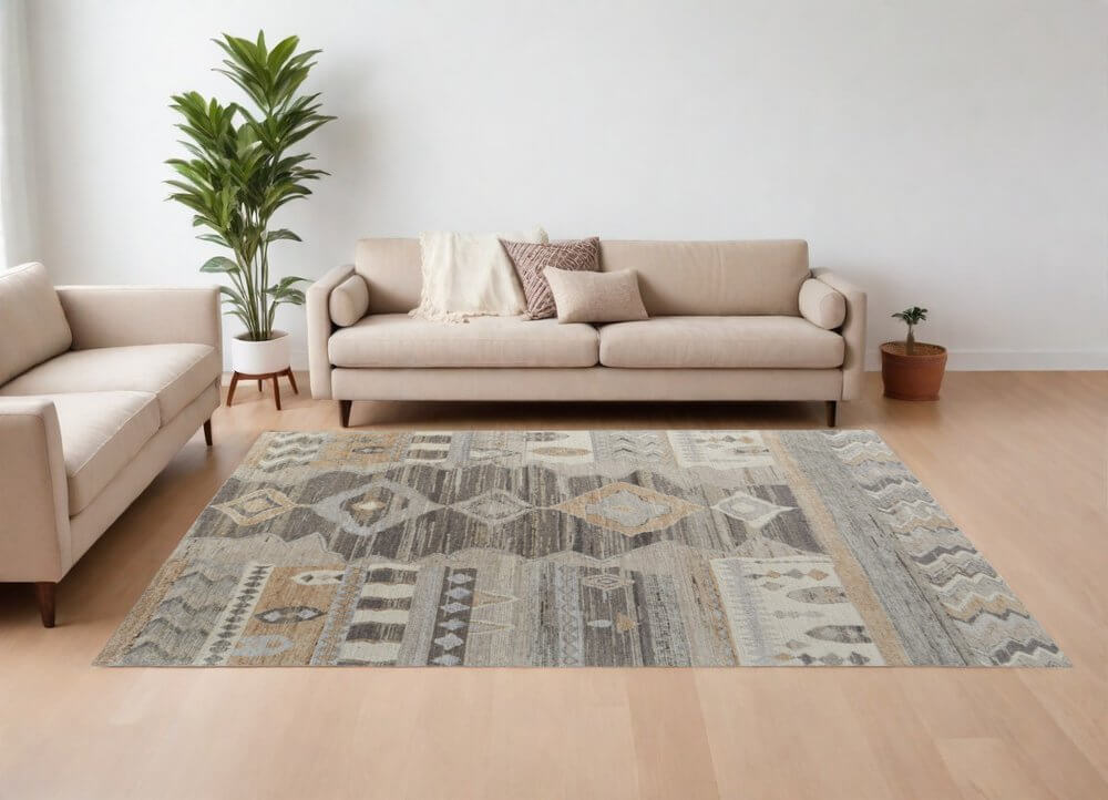 Ivory Gray and Orange Wool Moroccan Hand Knotted Area Rug | 9' x 13' showcased in a modern living room setting.