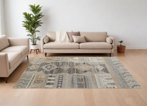 Ivory Gray and Orange Wool Moroccan Hand Knotted Area Rug | 9' x 13' showcased in a modern living room setting.