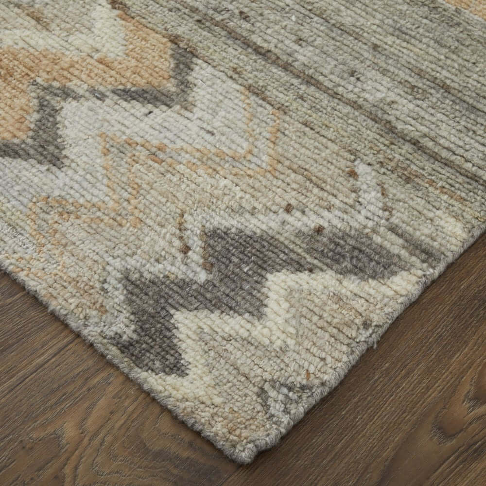 Ivory Gray and Orange Wool Moroccan Hand Knotted Area Rug | 9' x 13' detailing the intricate pattern and warm texture.