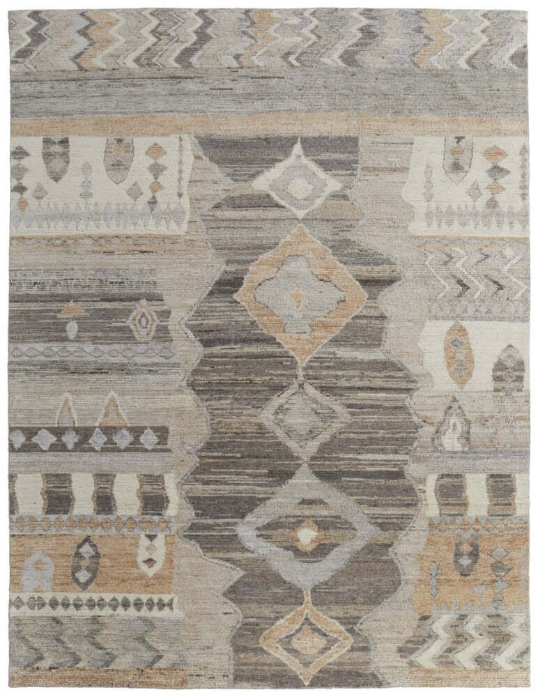 Ivory Gray and Orange Wool Moroccan Hand Knotted Area Rug | 9' x 13' with global pattern and warm texture.