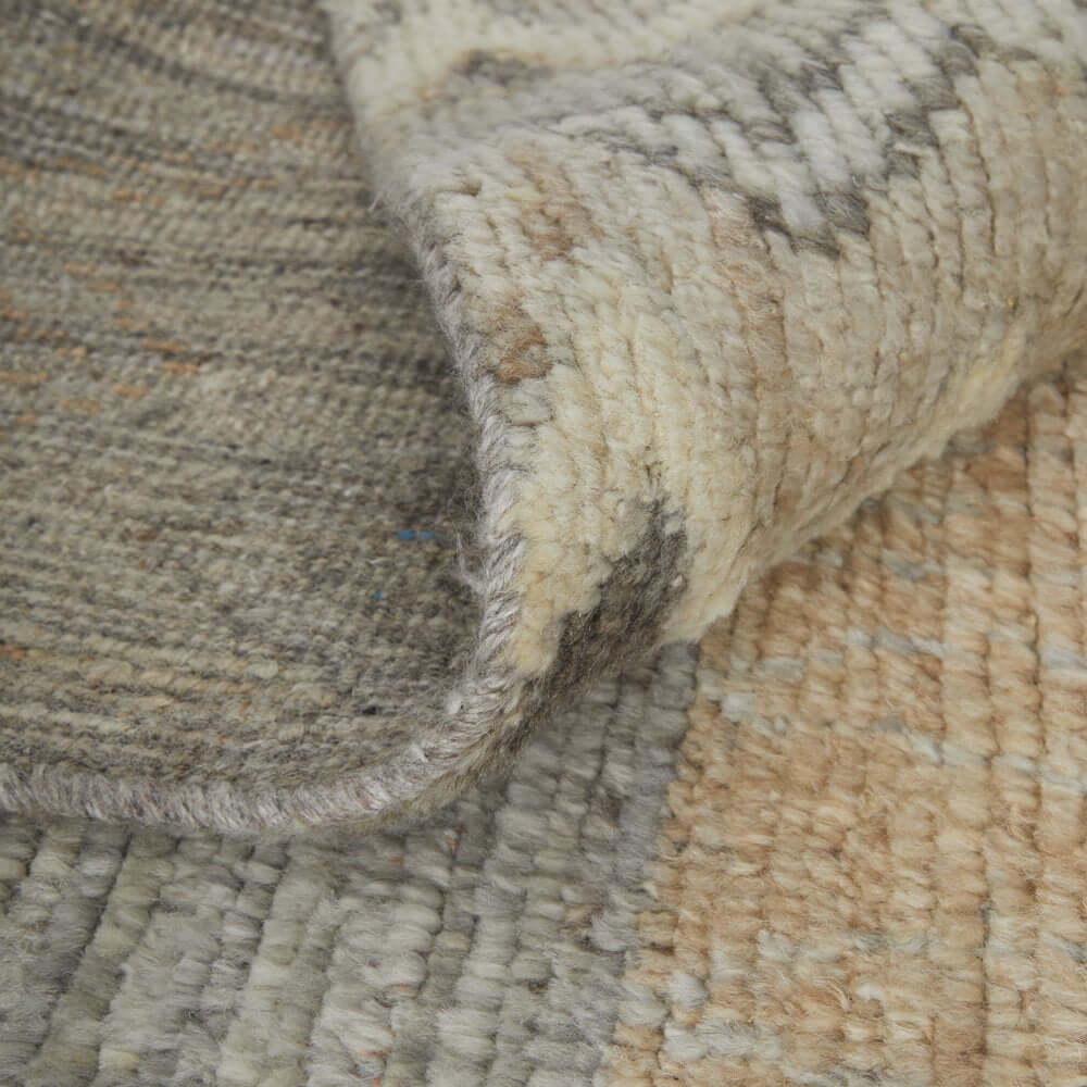 Ivory Gray and Orange Wool Moroccan Hand Knotted Area Rug | 9' x 13' close-up showing texture and craftsmanship.