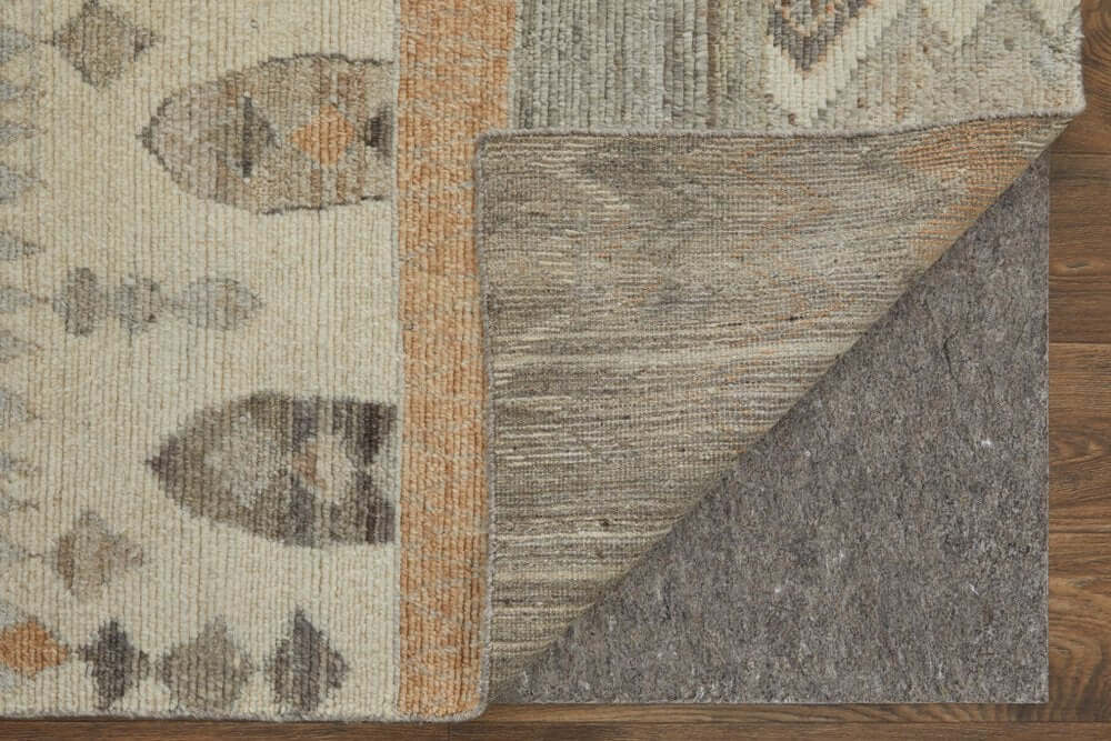 Ivory Gray and Orange Wool Moroccan Hand Knotted Area Rug | 9' x 13' showing intricate design and backing detail.