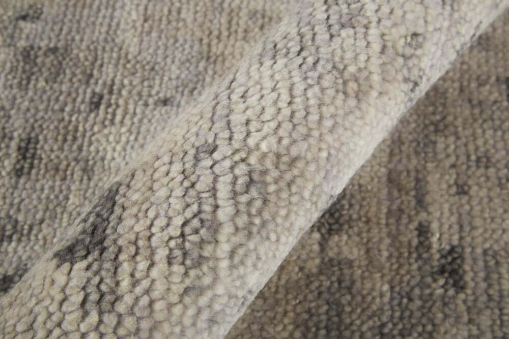 Ivory And Gray Wool Abstract Hand Knotted Area Rug | 9' x 13' close-up texture detail highlighting wool craftsmanship.