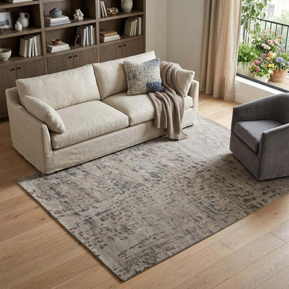 Ivory And Gray Wool Abstract Hand Knotted Area Rug | 9' x 13' placed under light-colored sofa in a cozy living room.