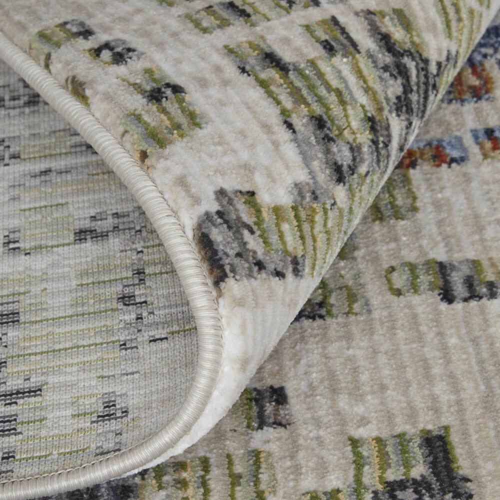 Ivory Green and Blue Abstract Power Loom Area Rug | 9' x 13' showing intricate patterns and texture