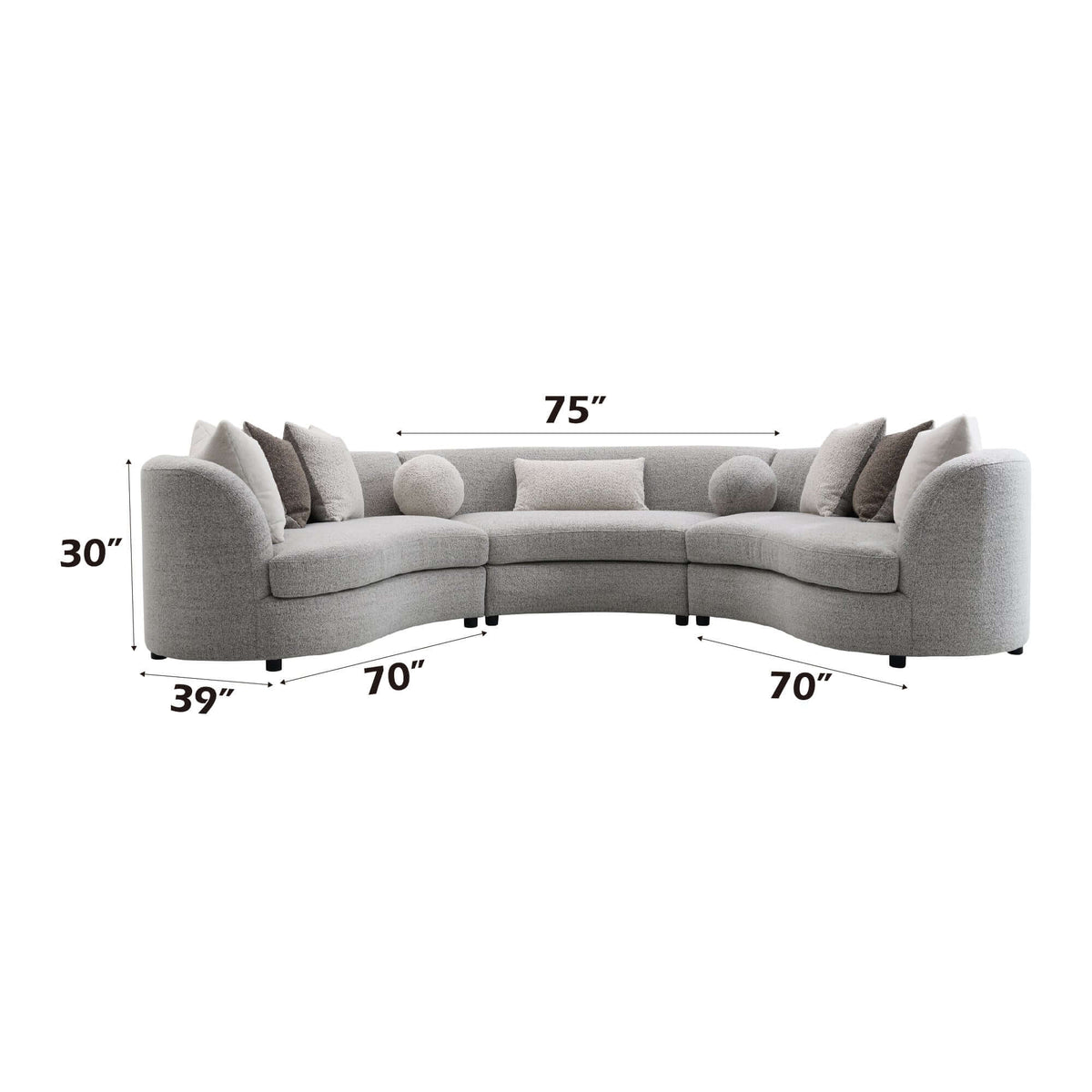 Ivria Gray Bouclé Sectional Sofa – Curved Modular Sofa with 9 Pillows (Modern Statement) dimensions and design details.