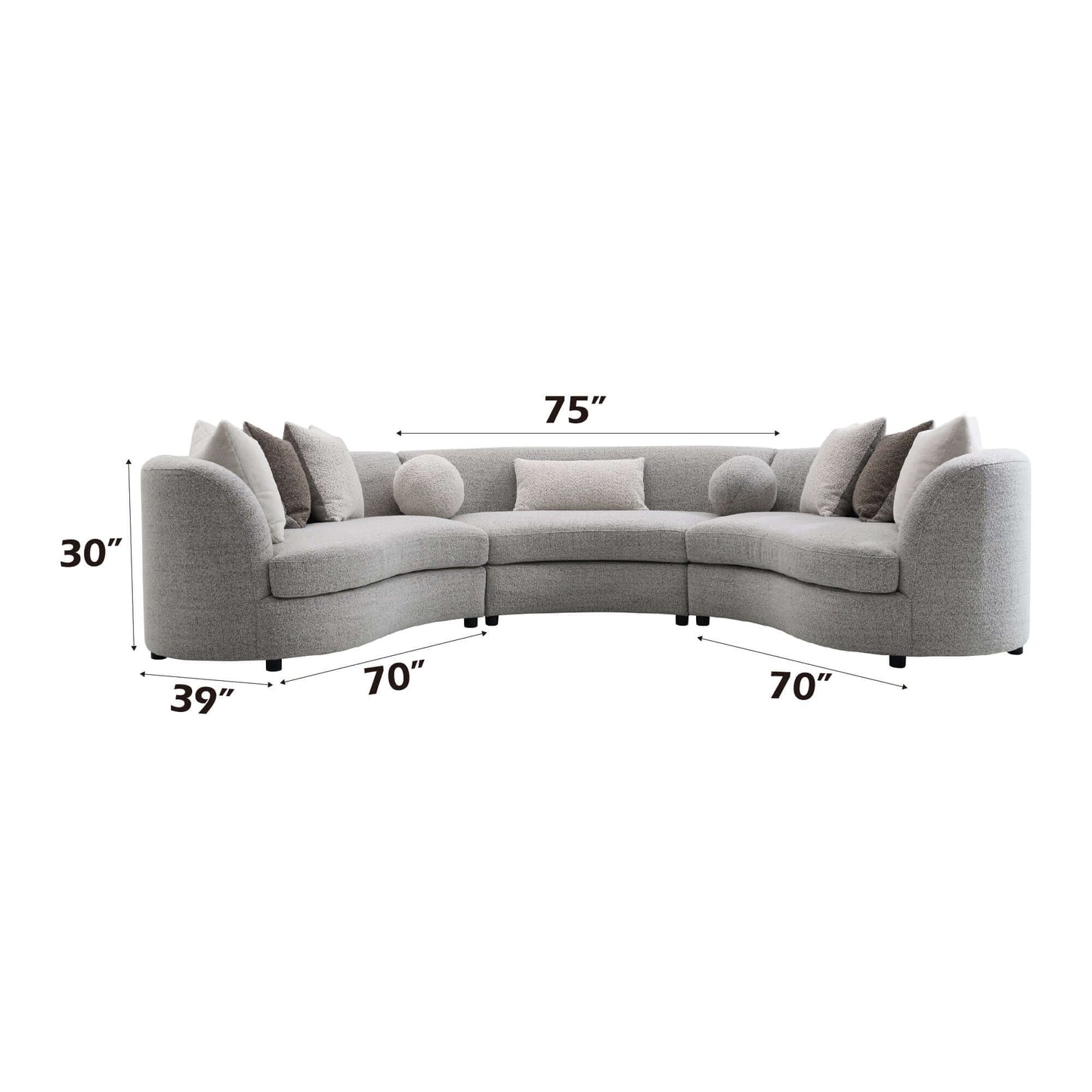 Ivria Gray Bouclé Sectional Sofa – Curved Modular Sofa with 9 Pillows (Modern Statement) dimensions and design details.
