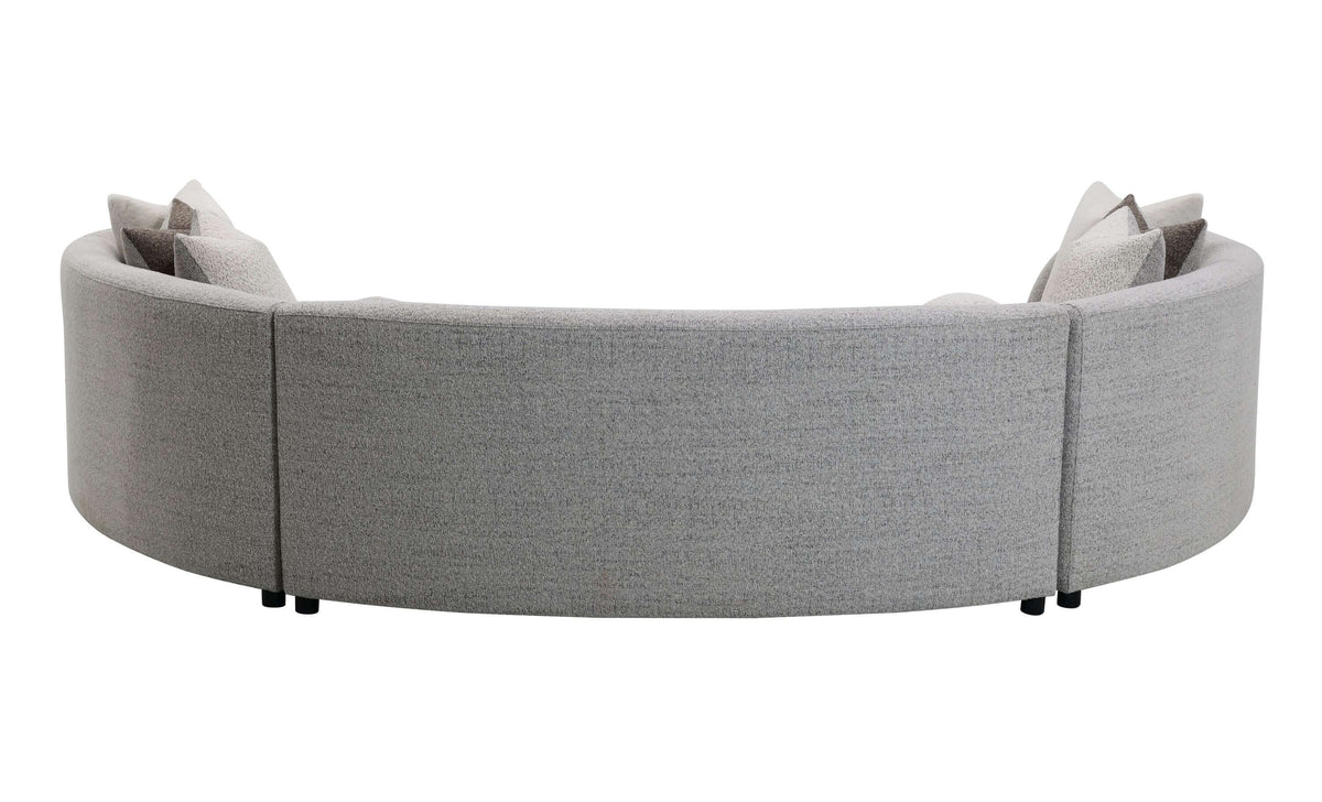 Ivria Gray Bouclé Sectional Sofa – Curved Modular Sofa with 9 Pillows (Modern Statement) in a sleek gray upholstery.