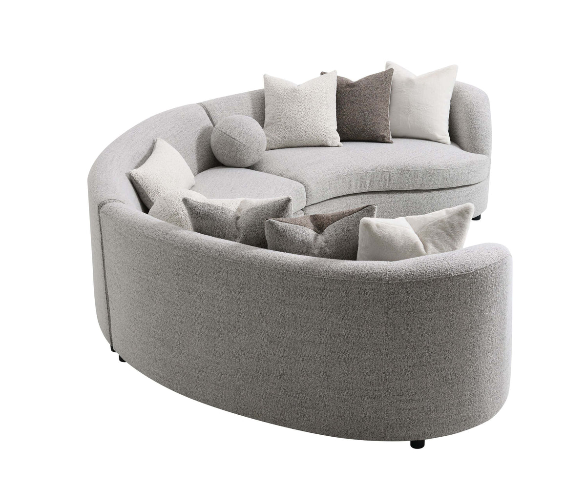 Ivria Gray Bouclé Sectional Sofa – Curved Modular Sofa with 9 Pillows (Modern Statement) in soft texture.